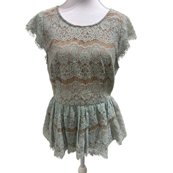 Maeve by Anthropologie Sage Mint Lace Cap-Sleeve Peplum Top • Size S boho - Picture 1 of 5